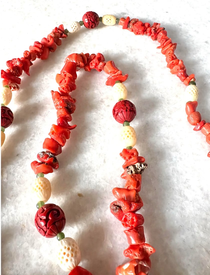 Vintage Chinese Coral and Cinnabar 36" Beaded Necklace - 2