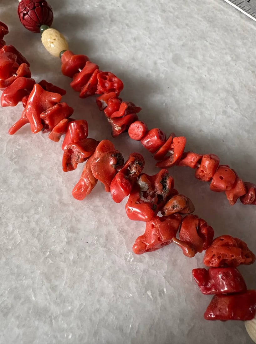 Vintage Chinese Coral and Cinnabar 36" Beaded Necklace - 3