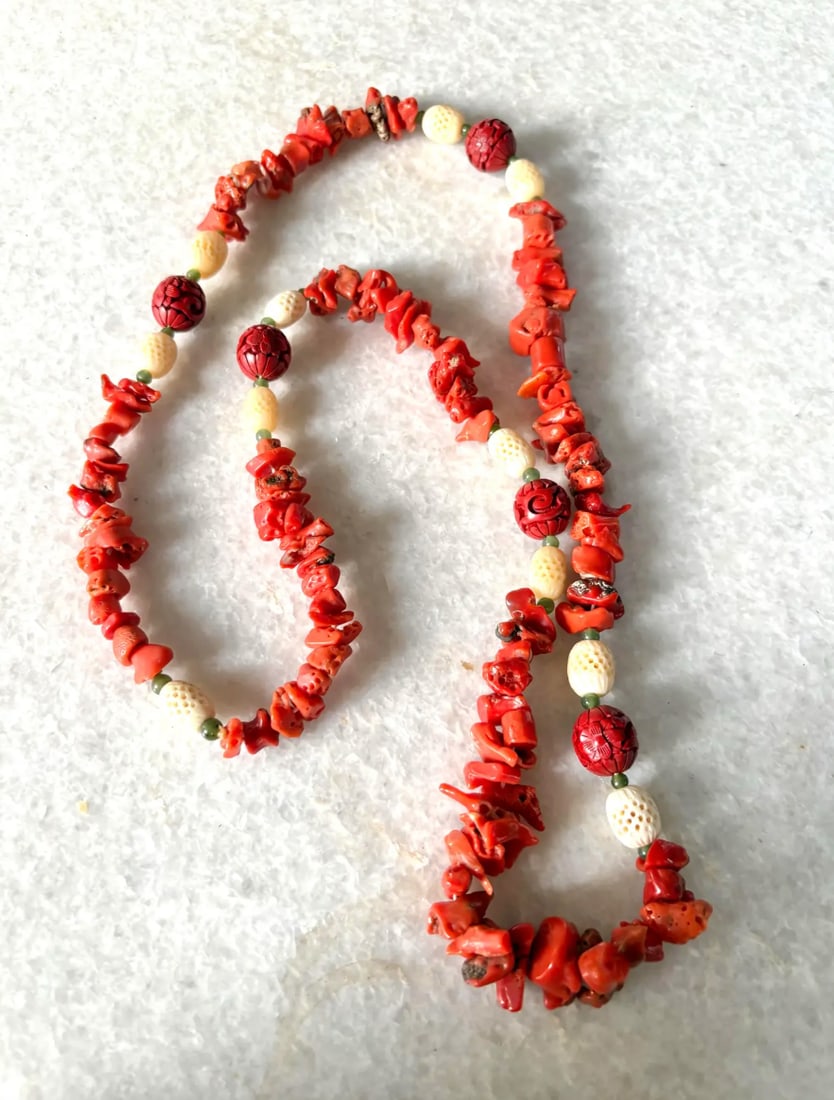 Vintage Chinese Coral and Cinnabar 36" Beaded Necklace - 4