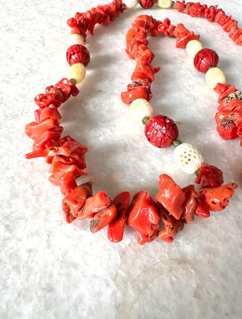 Vintage Chinese Coral and Cinnabar 36" Beaded Necklace - 6