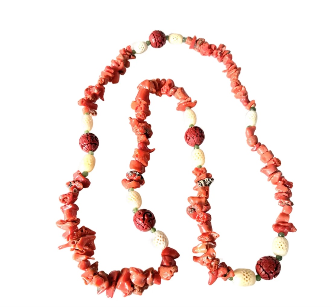 Vintage Chinese Coral and Cinnabar 36" Beaded Necklace - 8