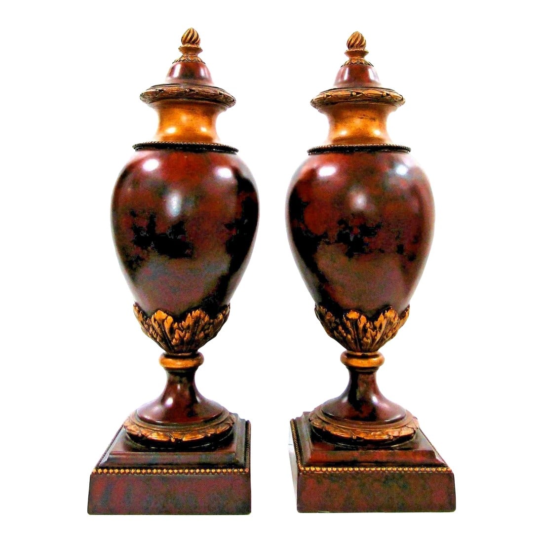 1980s Pair of Napoleon III Style Moroccan Burr Thoya Turned Wood Urns Attributed to Theodore Alexand: This product is a pair of medium-sized Moroccan Burr Theya turned wood urns in a brown color. They are decorated in the Napoleon III style and are original pieces made in the United States. These urns