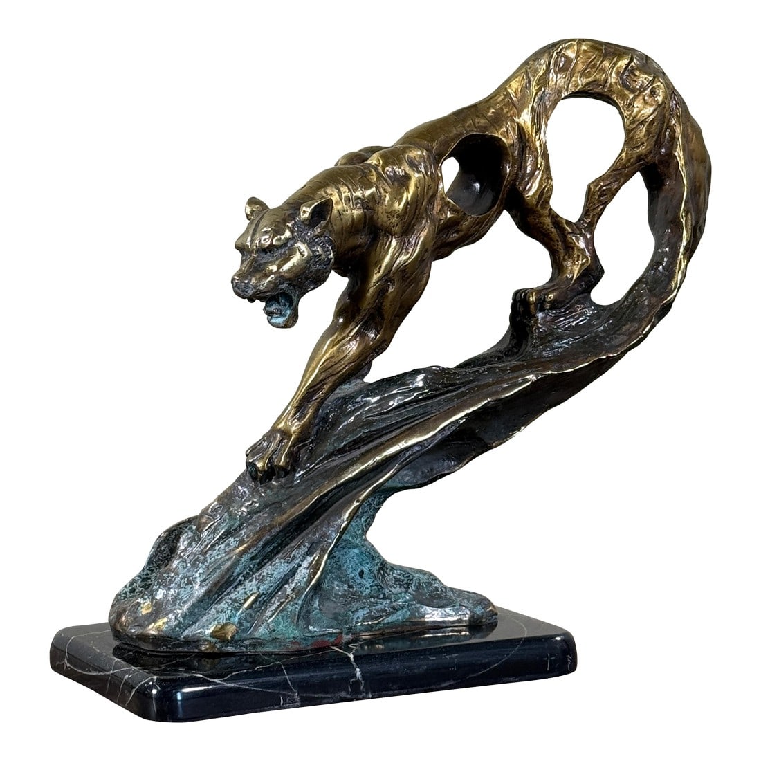 Vintage Art Deco Style Bronze Tiger Sculpture on Marble Base: Sculptural bronze tiger in a dynamic leaping pose, executed in an Art Deco style with strong musculature, openwork body, and a warm gilt-bronze surface with areas of natural verdigris, mounted on a