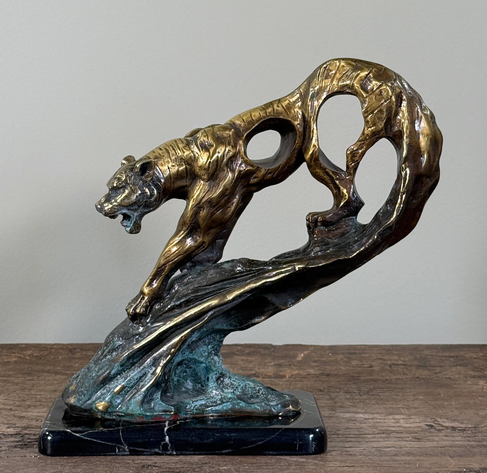 Vintage Art Deco Style Bronze Tiger Sculpture on Marble Base - 2