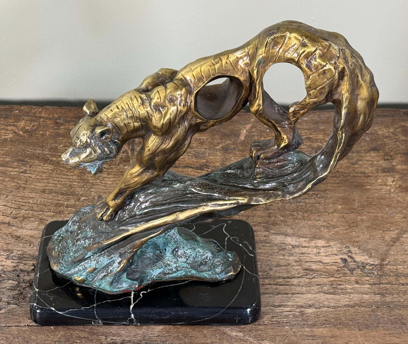 Vintage Art Deco Style Bronze Tiger Sculpture on Marble Base - 4