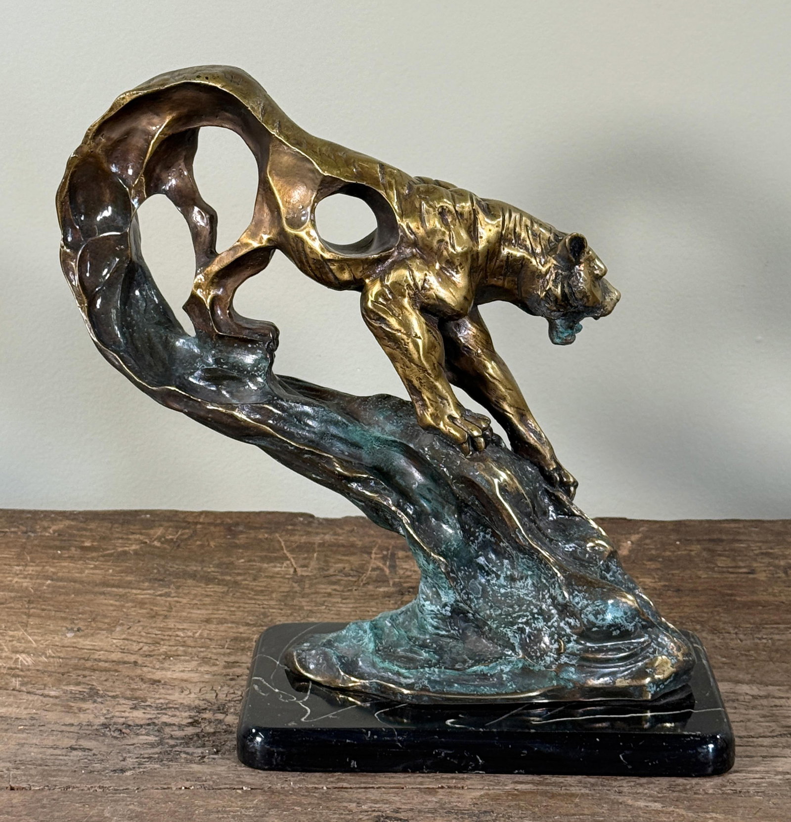 Vintage Art Deco Style Bronze Tiger Sculpture on Marble Base - 7