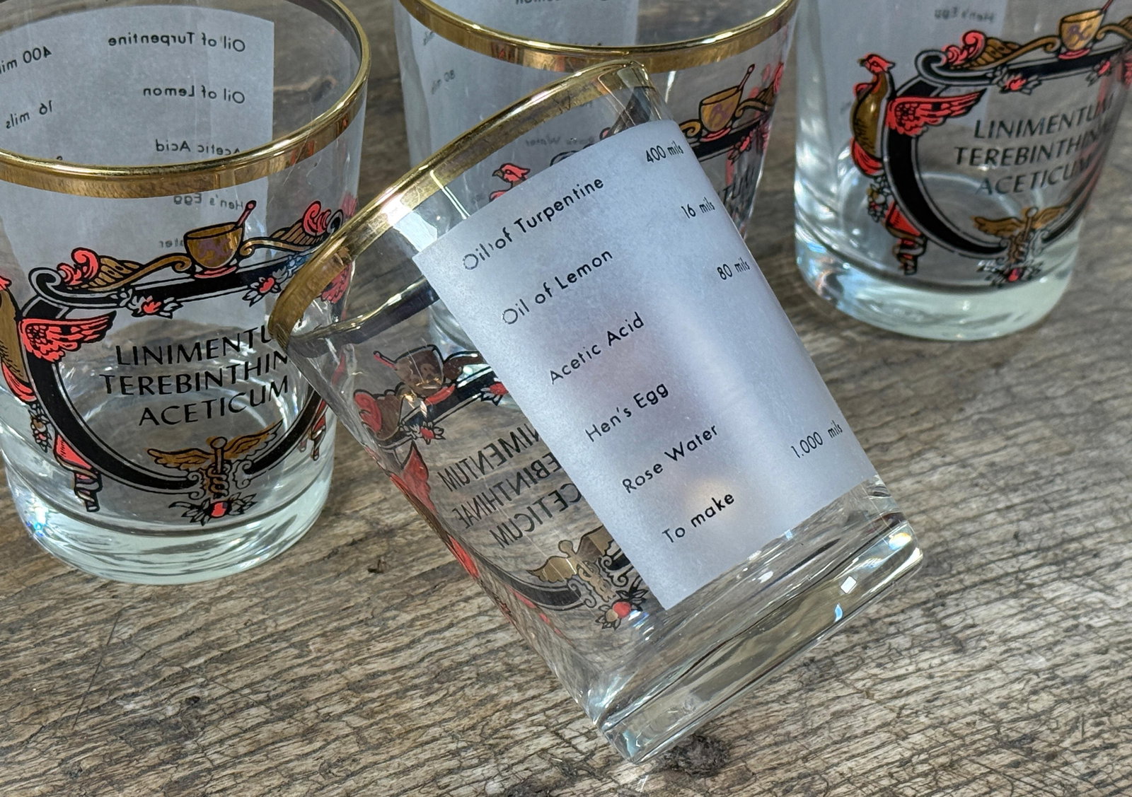 Vintage Apothecary Style Gilt Rim Glass Tumblers Liniment Terebinthinae - Set of 4 - 6