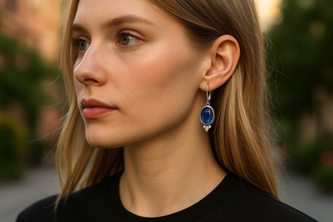 14k Gold Lever Back Earrings With 4.15 Carat Cabochon Sapphire and Diamond, A Pair - 2