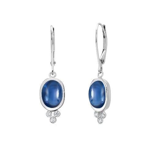 14k Gold Lever Back Earrings With 4.15 Carat Cabochon Sapphire and Diamond, A Pair - 3
