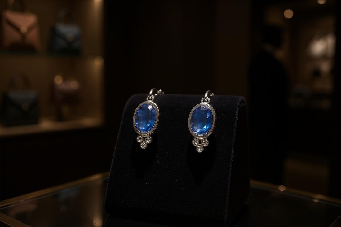 14k Gold Lever Back Earrings With 4.15 Carat Cabochon Sapphire and Diamond, A Pair - 4