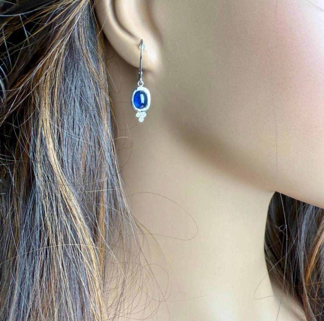 14k Gold Lever Back Earrings With 4.15 Carat Cabochon Sapphire and Diamond, A Pair - 5