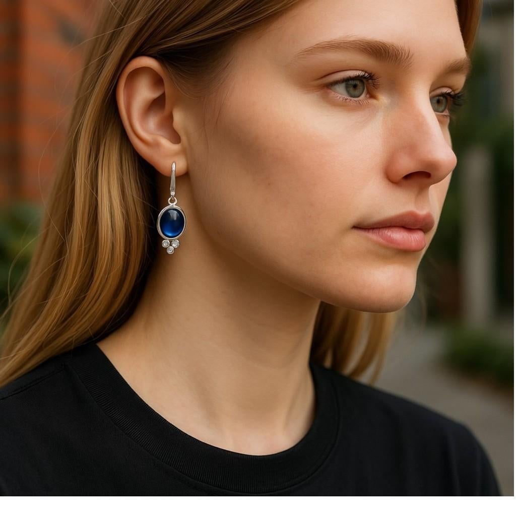 14k Gold Lever Back Earrings With 4.15 Carat Cabochon Sapphire and Diamond, A Pair - 6