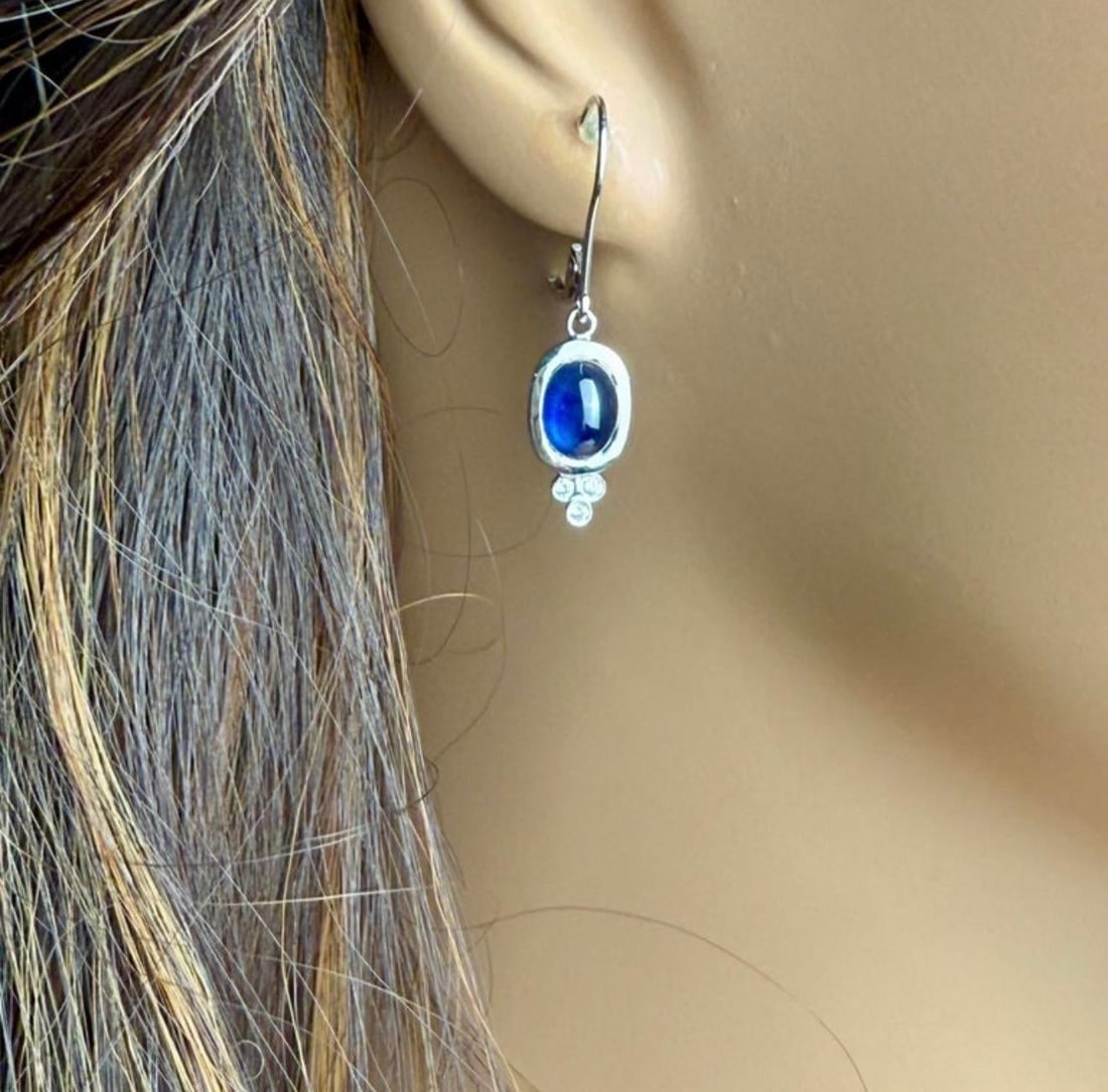 14k Gold Lever Back Earrings With 4.15 Carat Cabochon Sapphire and Diamond, A Pair - 7