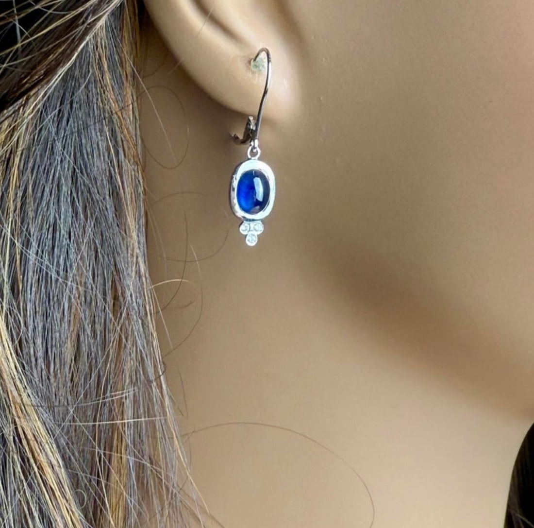 14k Gold Lever Back Earrings With 4.15 Carat Cabochon Sapphire and Diamond, A Pair - 9