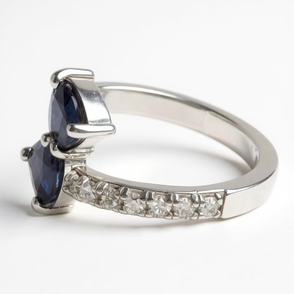 14k White Gold Matched 2 Pear-Shaped Sapphire and Diamond Cross Ring, Size 6.25 - 3