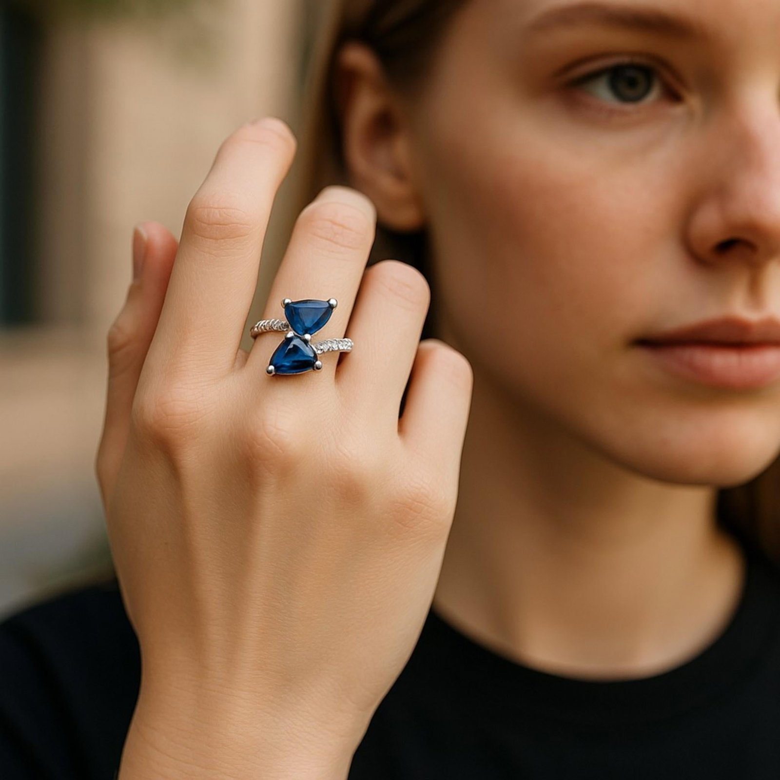 14k White Gold Matched 2 Pear-Shaped Sapphire and Diamond Cross Ring, Size 6.25 - 4