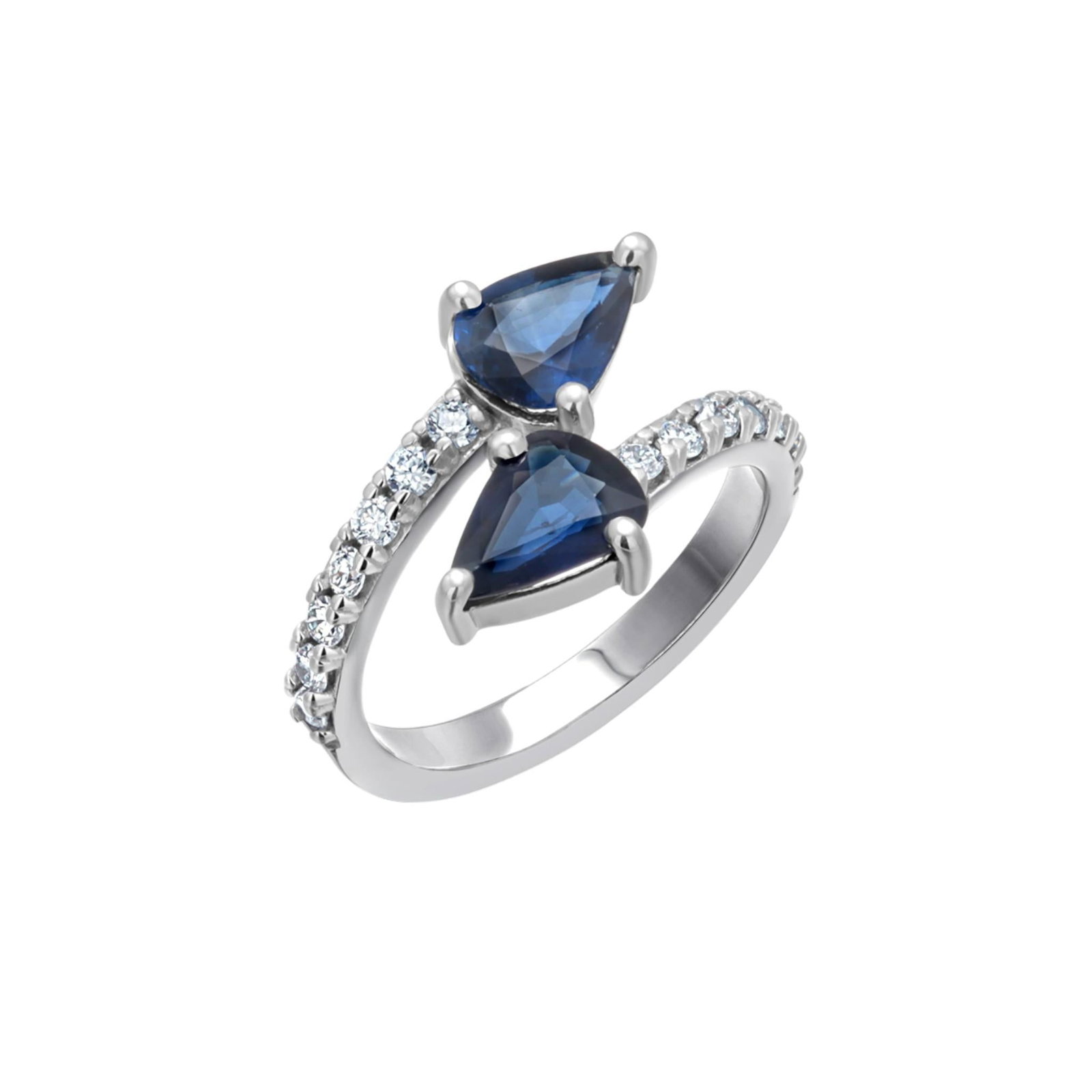 14k White Gold Matched 2 Pear-Shaped Sapphire and Diamond Cross Ring, Size 6.25 - 6