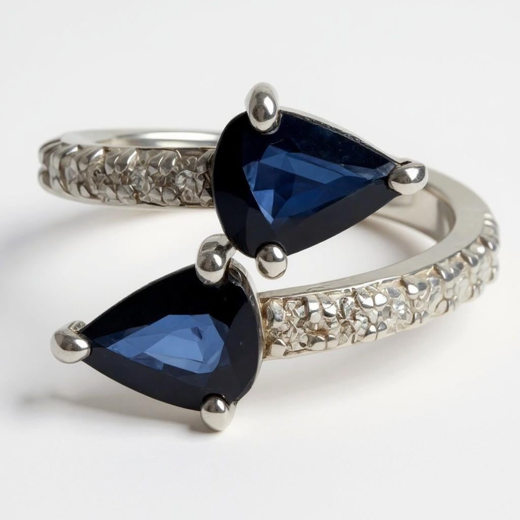 14k White Gold Matched 2 Pear-Shaped Sapphire and Diamond Cross Ring, Size 6.25 - 7