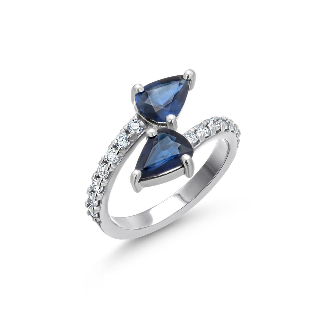 14k White Gold Matched 2 Pear-Shaped Sapphire and Diamond Cross Ring, Size 6.25 - 8