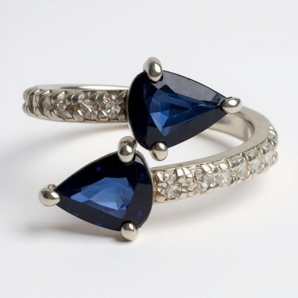 14k White Gold Matched 2 Pear-Shaped Sapphire and Diamond Cross Ring, Size 6.25 - 9
