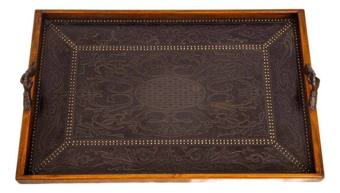 Theodore Alexander Armory Collection Serving Tray: AGE "• Approx: 20 Years Old DETAILS "• Armory Collection "• High Quality Construction "• English Style "• Studded Embossed Bronze Surface Top "• Bronze Handles