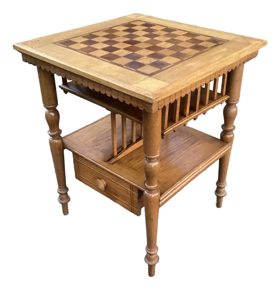 Vintage Oak Chess Top Side Table With Magazine Rack and Drawer: Charming vintage side table featuring an inlaid checkerboard/chessboard top in warm, honey-toned woods. The square top rests on turned legs with decorative apron detailing, giving the piece a