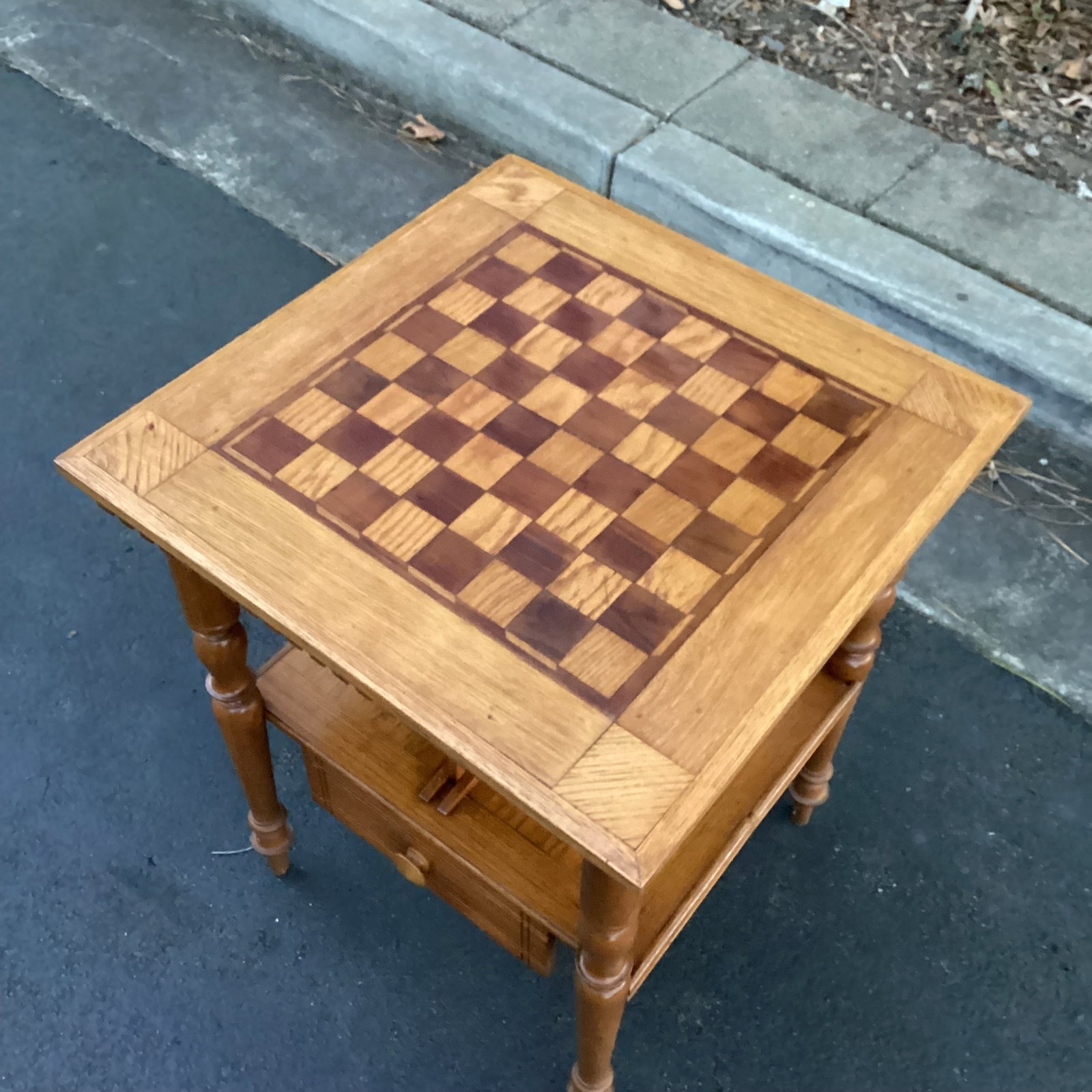 Vintage Oak Chess Top Side Table With Magazine Rack and Drawer - 6