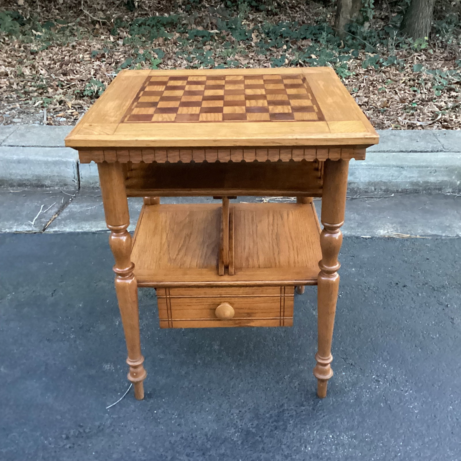 Vintage Oak Chess Top Side Table With Magazine Rack and Drawer - 7