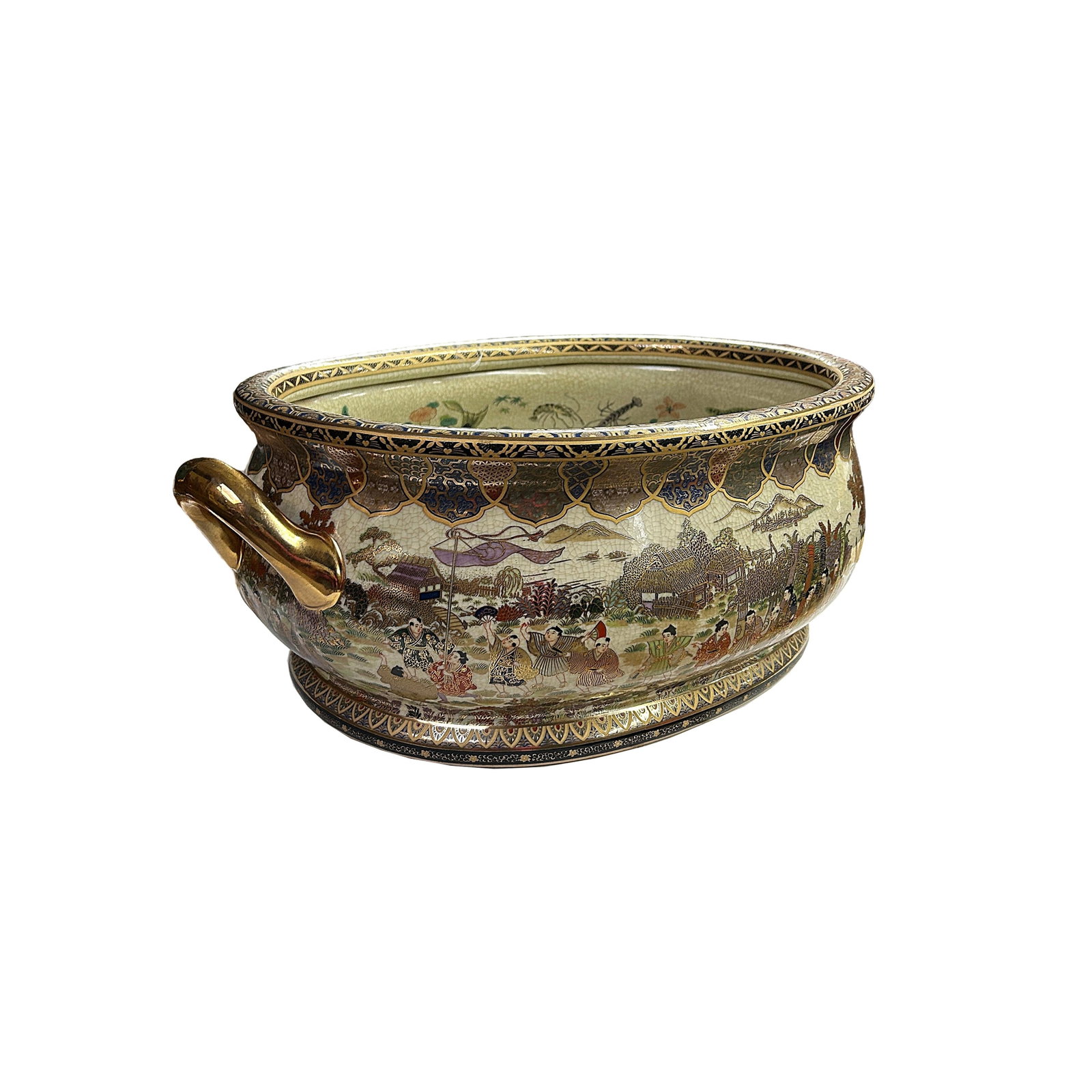 Porcelain Oriental Golden Color Satsuma Graphic Oval Pot - 11