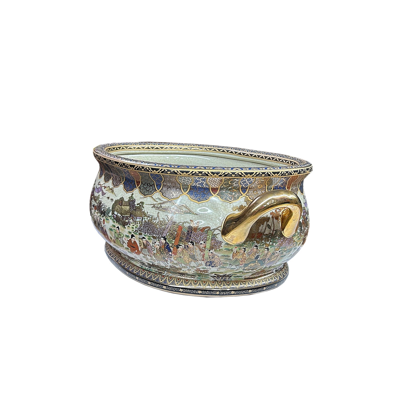 Porcelain Oriental Golden Color Satsuma Graphic Oval Pot - 2