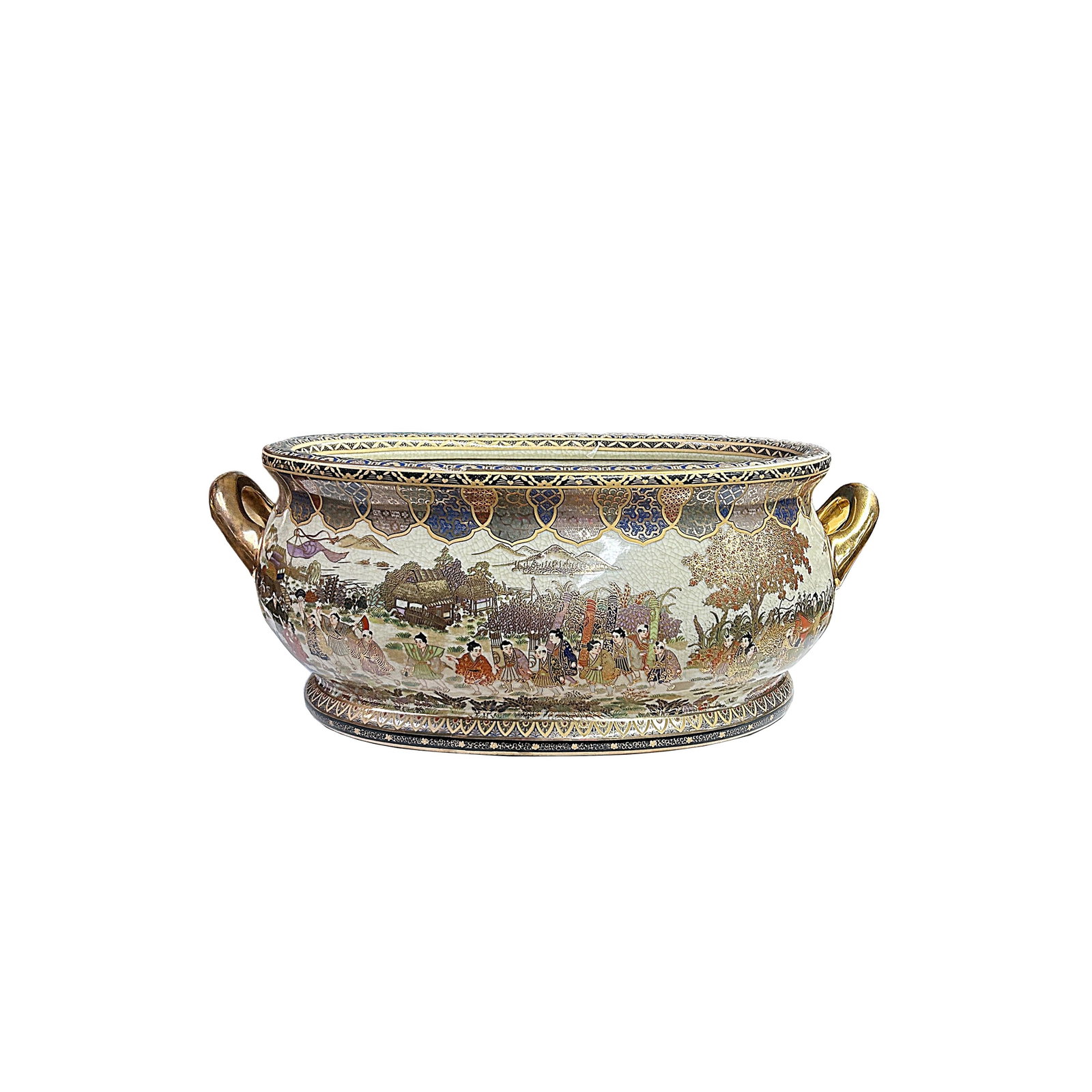 Porcelain Oriental Golden Color Satsuma Graphic Oval Pot - 8