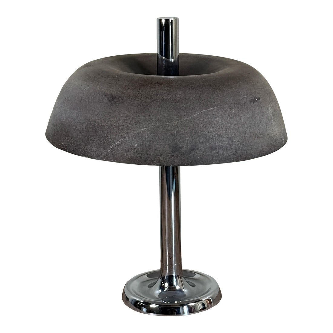 Vintage Mid Century Modern Egon Hillebrand Chrome Table Lamp With Sculptural Gray Shade, c.1970's: This vintage table lamp by Egon Hillebrand dates to the 1970s and features a polished chrome column and base paired with a sculptural gray shade with soft tonal variation that is characteristic of