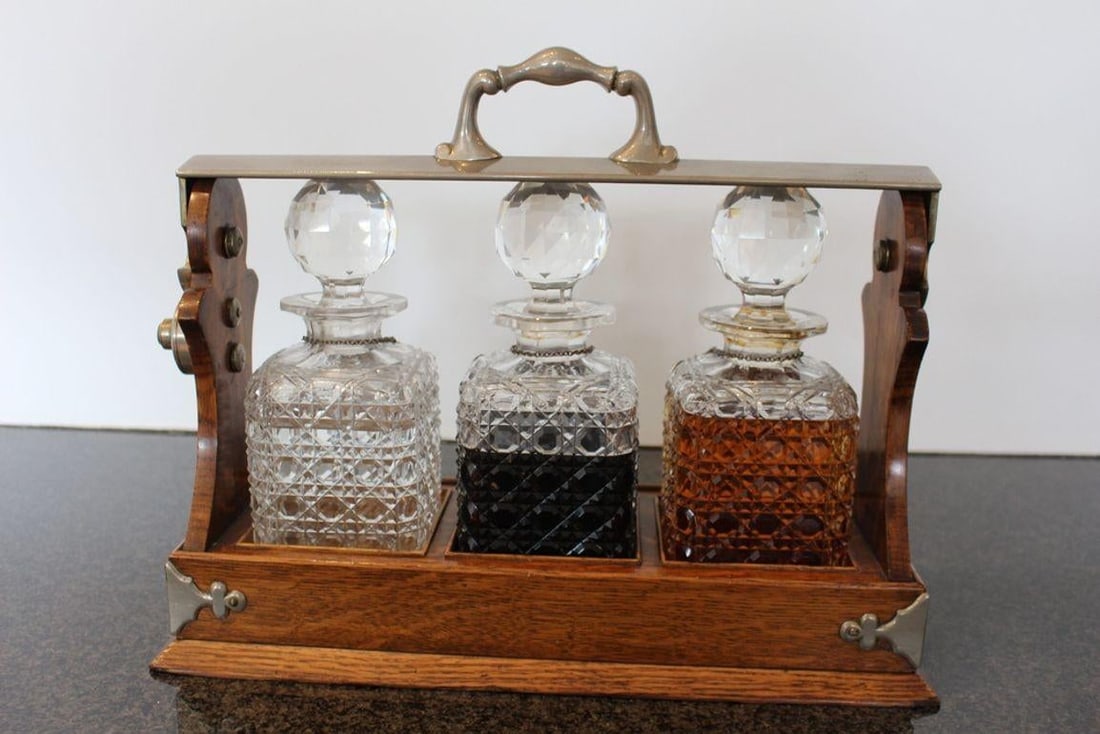 Antique English Oak Tantalus With Three Cut Crystal Decanters, C. Late 1800s - 2
