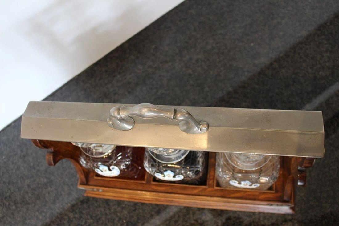 Antique English Oak Tantalus With Three Cut Crystal Decanters, C. Late 1800s - 5