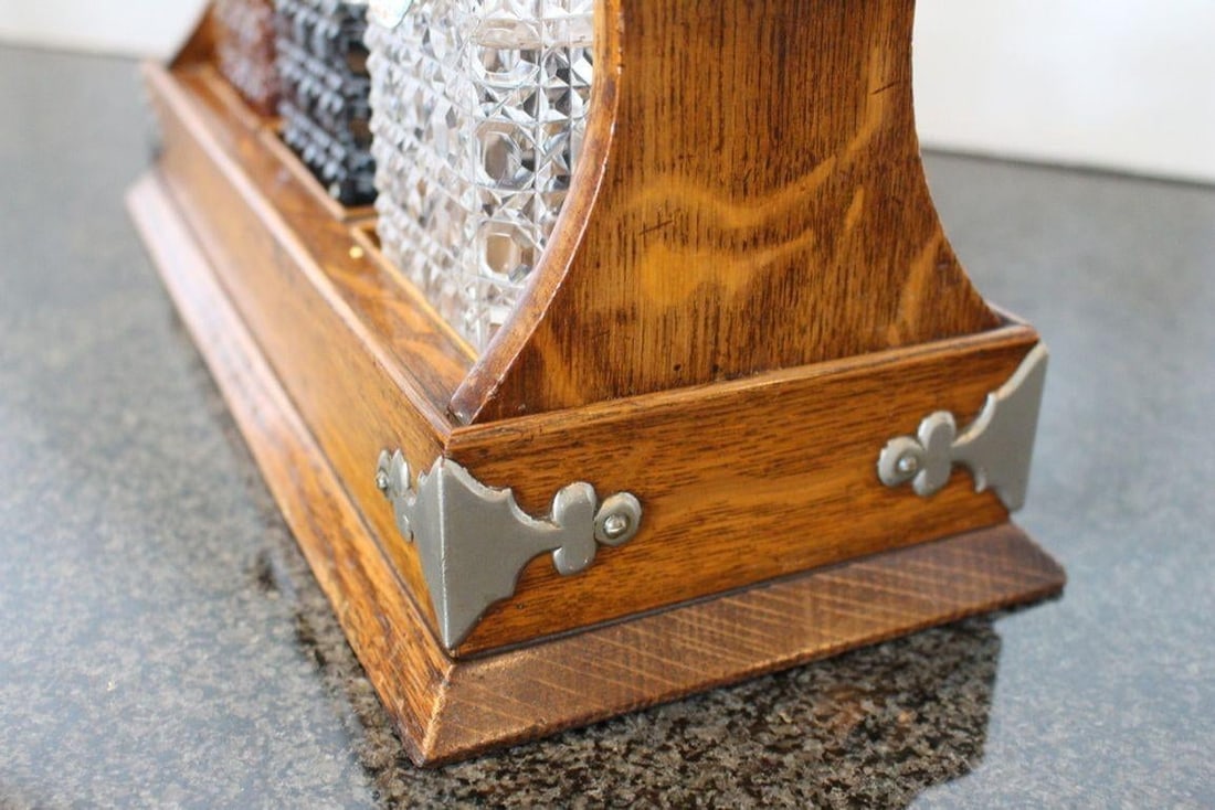 Antique English Oak Tantalus With Three Cut Crystal Decanters, C. Late 1800s - 6