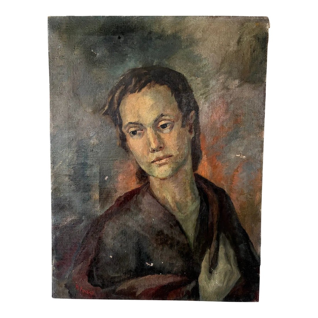 Antique Early 20th Century Oil on Canvas Portrait Painting - Signed: Signed oil portrait painting on canvas. A solemn portrait painting created with dark gray and brown hues and a splash of sienna. This painting's subject evokes a solemnity. Size: 18"W x 1"D x 24"H