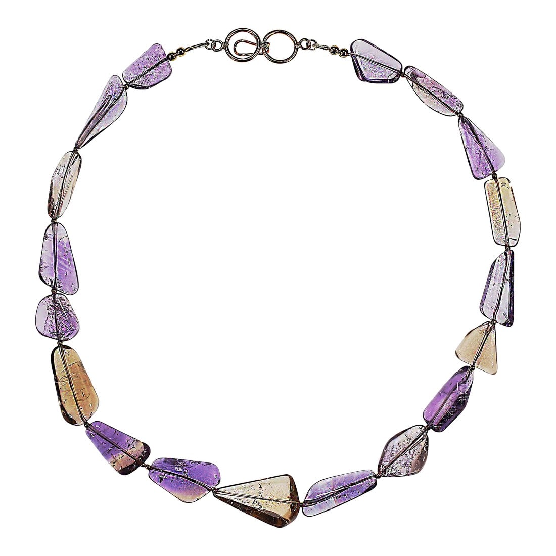 Ajd 18 Inch Free Form Ametrine Necklace: This stunning 18"‘inch free"‘form Ametrine necklace showcases the natural beauty of one of the world's most captivating gemstones. Each Ametrine piece is highly polished to a glossy,
