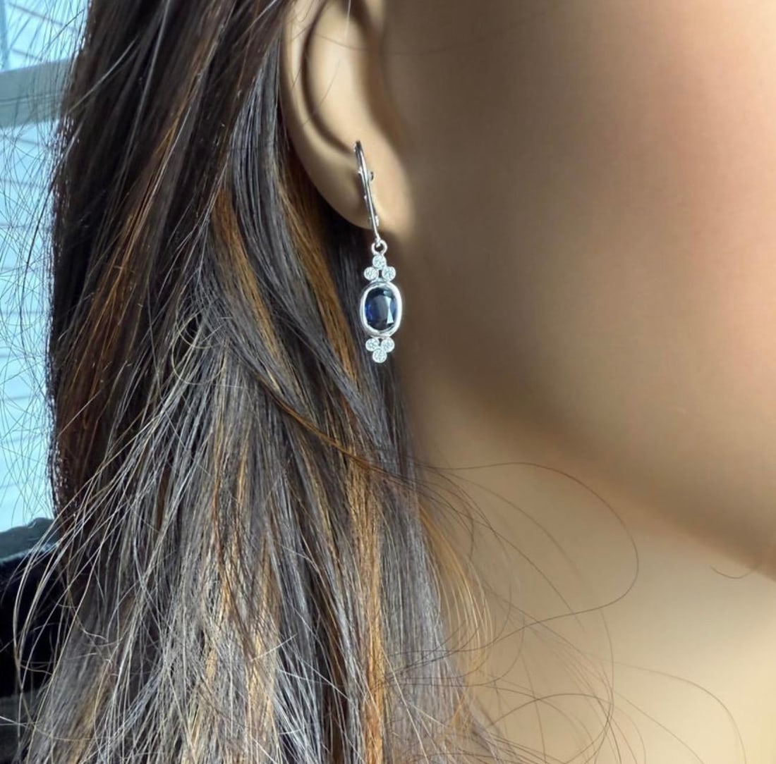 14k White Gold Oval Sapphire and Diamond Drop Earrings With Lever Backs, A Pair - 4
