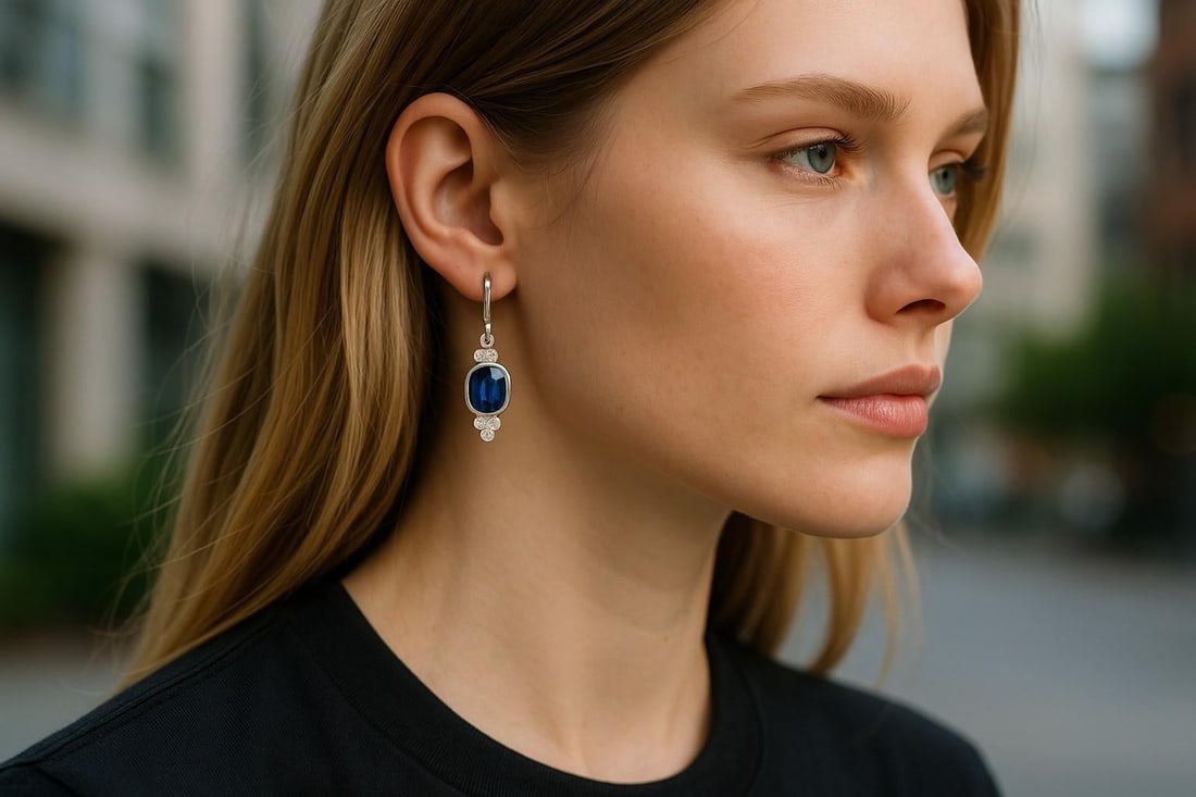 14k White Gold Oval Sapphire and Diamond Drop Earrings With Lever Backs, A Pair - 6