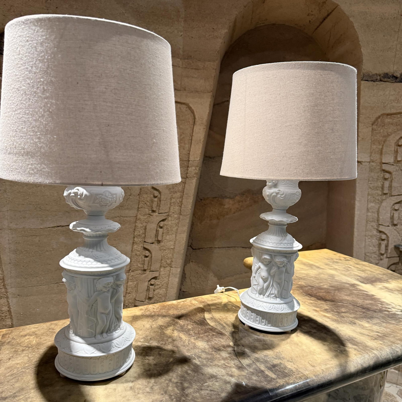 Pair of Dresden Bisque Porcelain Cherub Table Lamps Neoclassical Germany - 4