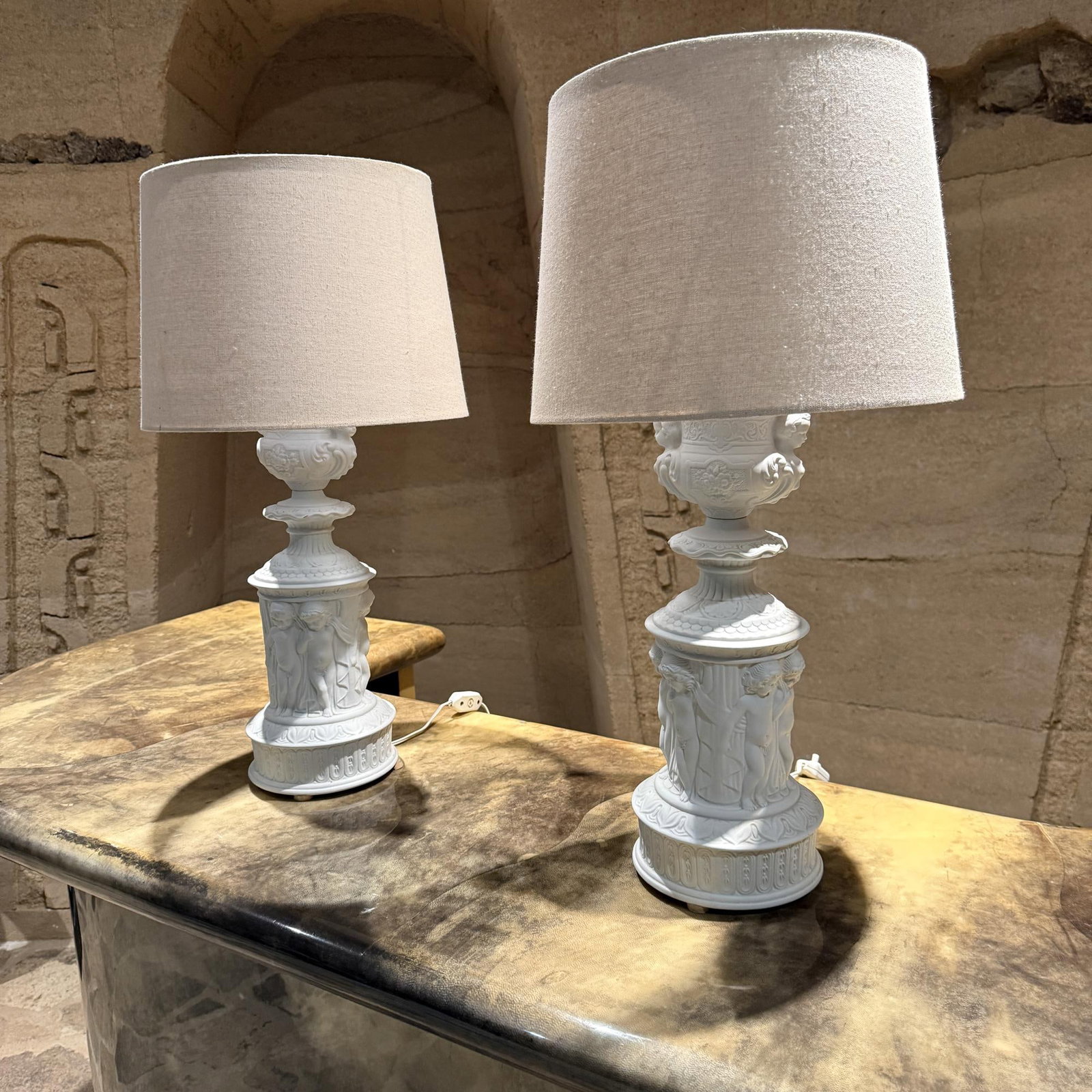 Pair of Dresden Bisque Porcelain Cherub Table Lamps Neoclassical Germany - 6