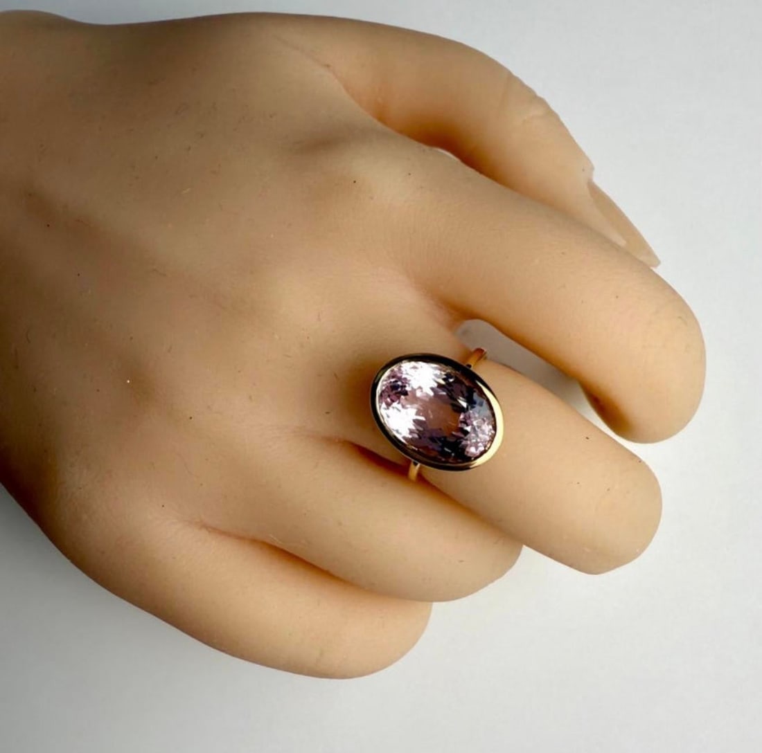 14k Yellow Gold Bezel Set Kunzite Solitaire Ring Weighing 8.56 Carats, Size 6 - 7