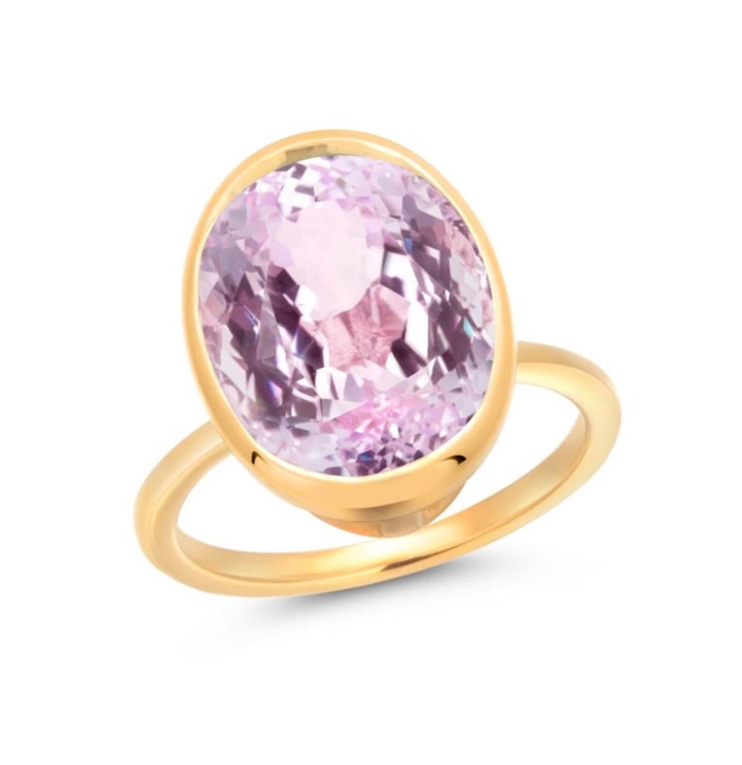 14k Yellow Gold Bezel Set Kunzite Solitaire Ring Weighing 8.56 Carats, Size 6 - 8