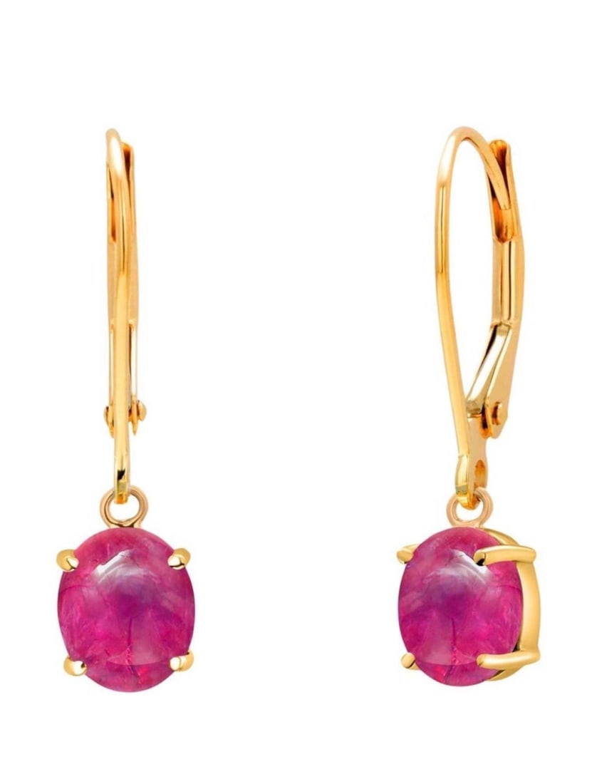 14k Yellow Gold Lever Back Earrings With Matched Cabochon Rubies 2.50 Carats, A Pair - 4