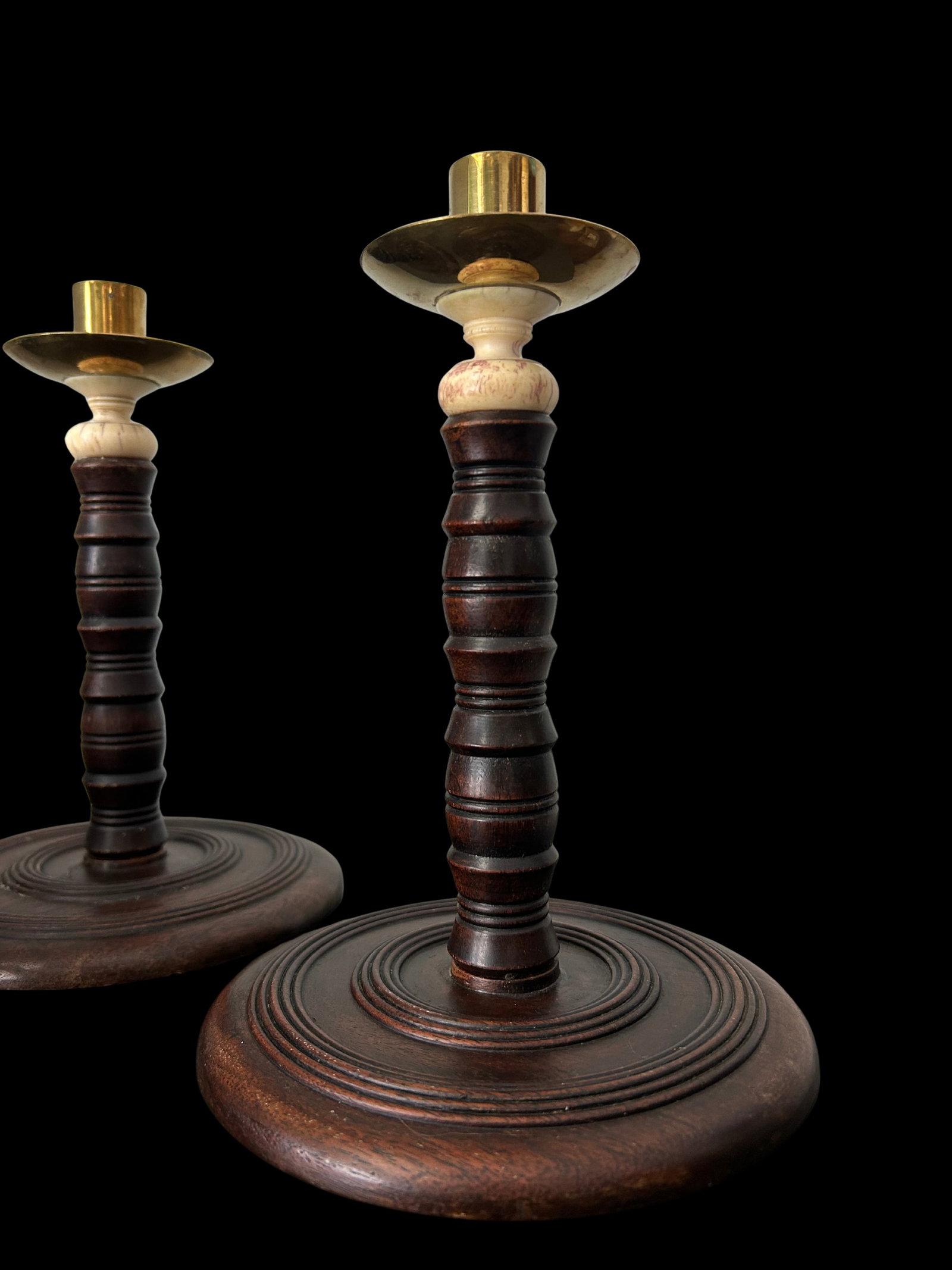 Pair of Antique English Oak Barley Twist Candlesticks With Brass Bobeches, Victorian C. 1890 - 3