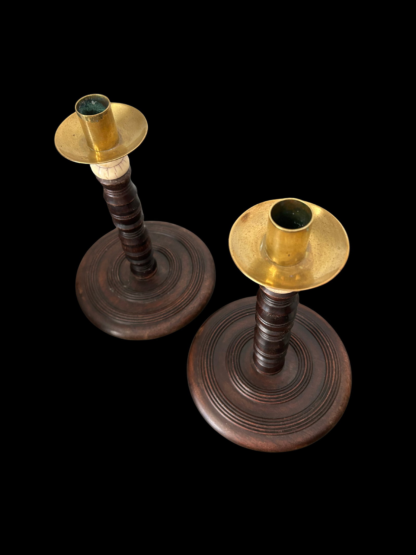 Pair of Antique English Oak Barley Twist Candlesticks With Brass Bobeches, Victorian C. 1890 - 5