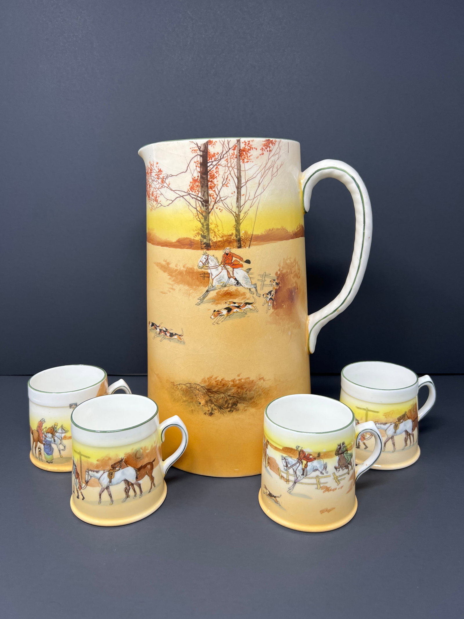 Antique Royal Dalton Hand Painted Hunting Scene Chocolate Set 14-PCS Circa 1905 Poet Core - 2