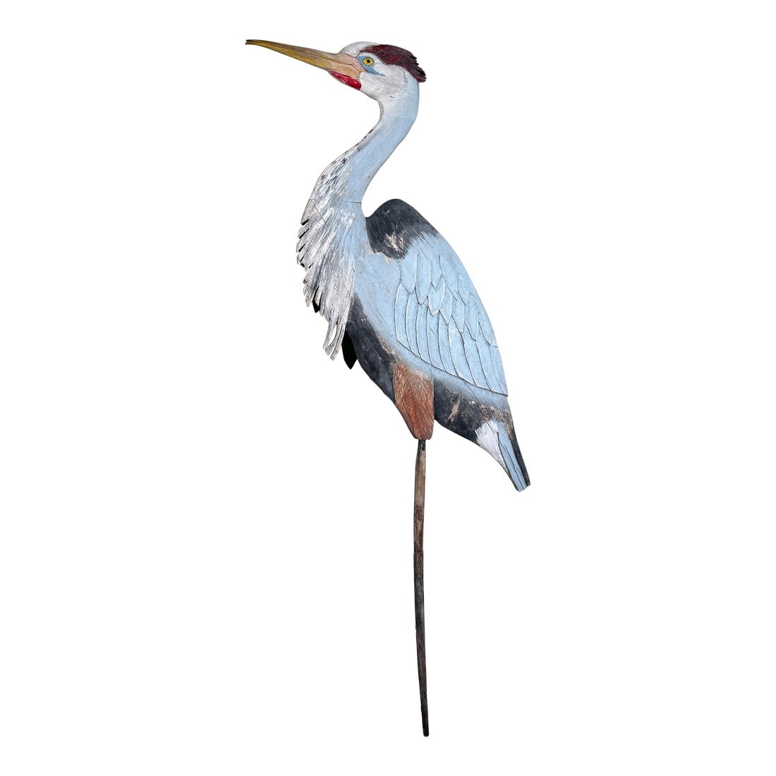 Monumental Folk Art Hand Carved & Painted Wood Blue Heron Garden Sculpture: This massive hand carved wooden folk art heron sculpture appears to date to the mid 20th century and was likely made as garden or yard decor. The figure is carved in full round with detailed feather