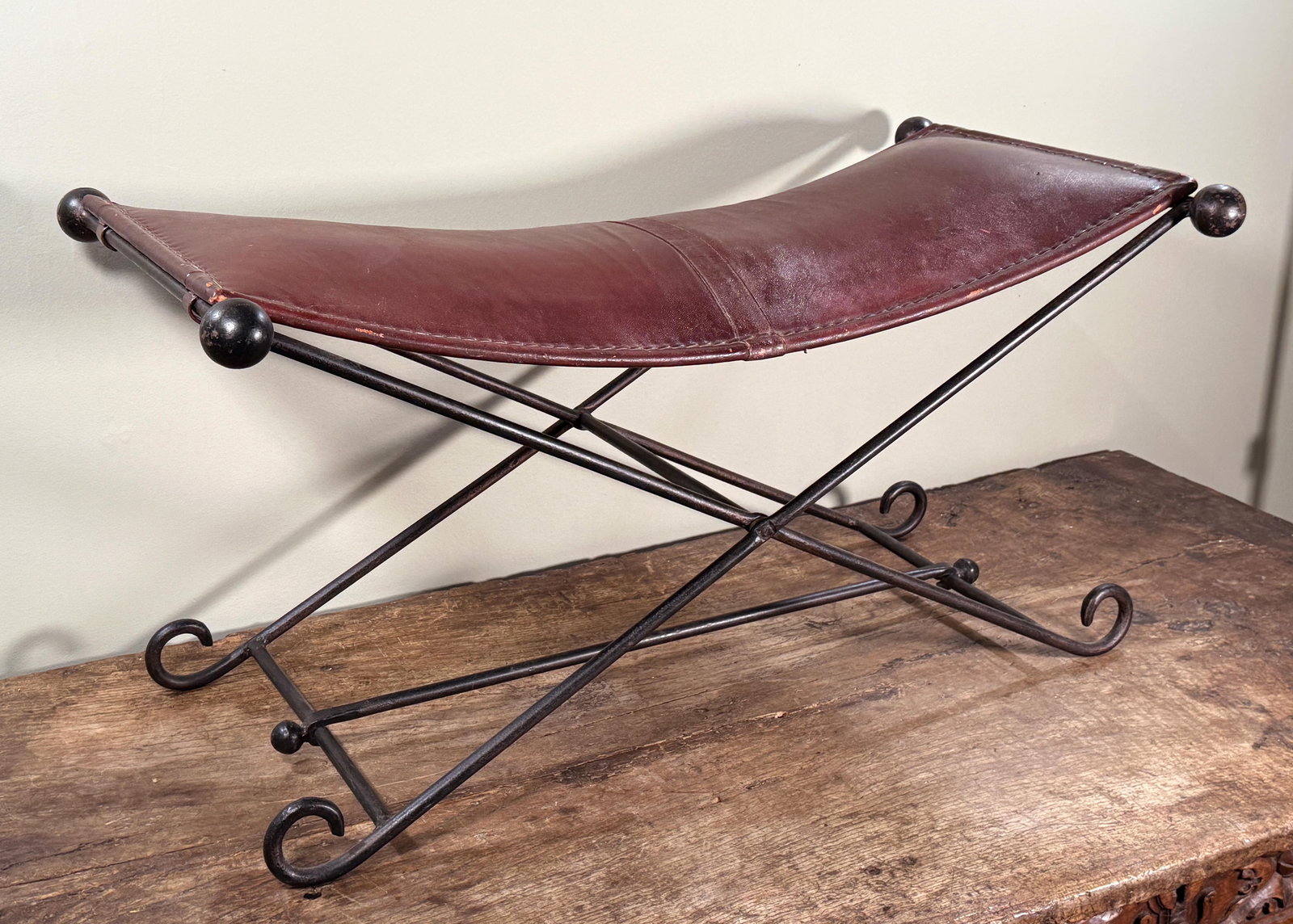 Vintage Leather and Wrought Iron Campaign Style Curved Sling Bench - 2