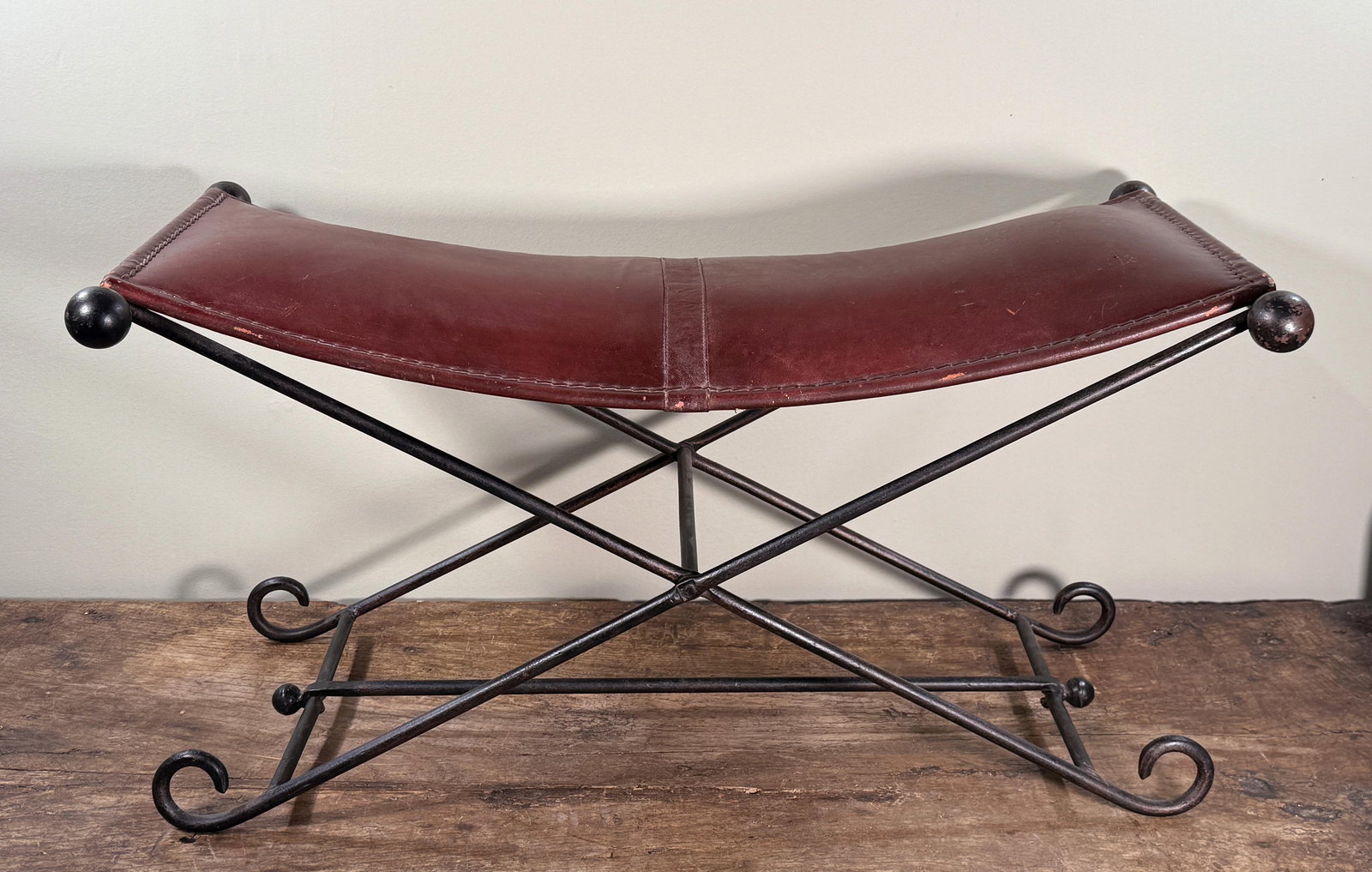 Vintage Leather and Wrought Iron Campaign Style Curved Sling Bench - 3